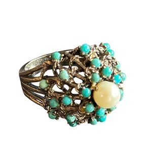 Vintage‎ Panetta Cocktail Ring Gold Tone Faux Pearl Turquoise Cabochon Size 7
